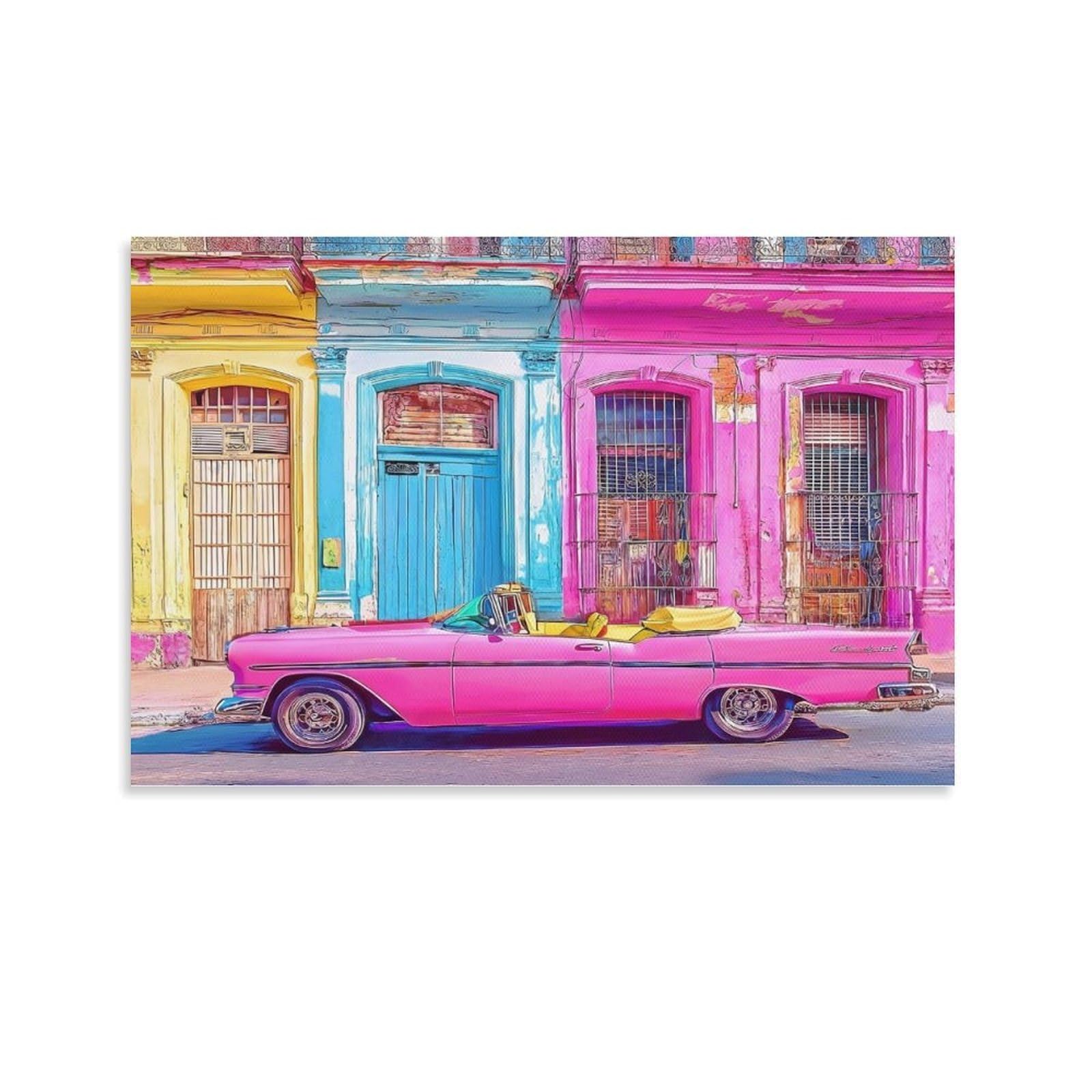 CPLVKWRQJ VintageCarStreet Single Piece Colorful Cuban Street Scene Canvas Wall Hanging - Kitchen Removable Wall Art Focal Point Ready to Hang 20x30inch(50x75cm)