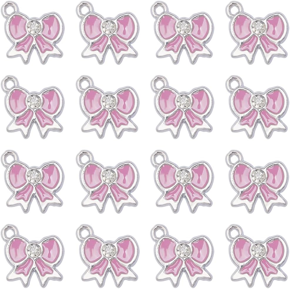 SUNNYCLUE 1 Box 30Pcs Bow Charms Bulk Bowknot Charm Romantic Pink Valentine Alloy Enamel Rhinestone Cute Bow Charm for Jewelry Making Charms Supplies DIY Crafting Necklace Bracelets Earring Beginners