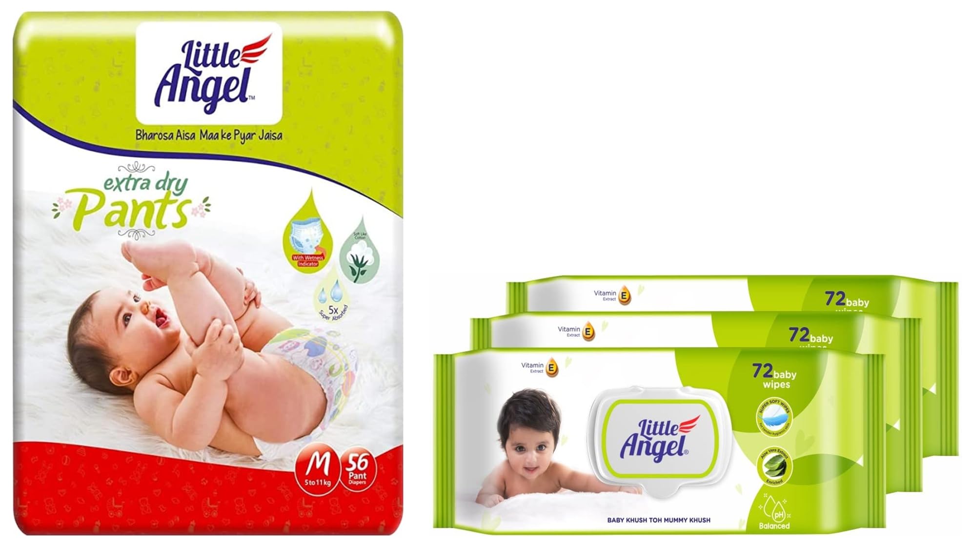 Little Angel Extra Dry Diaper Pants, Medium (M) Size 56 count & Soft Cleansing Baby Wipes Lid Pack 216 Count, Enriched with Aloe vera & Vitamin E, Pack of 3, 72 Count/Pack