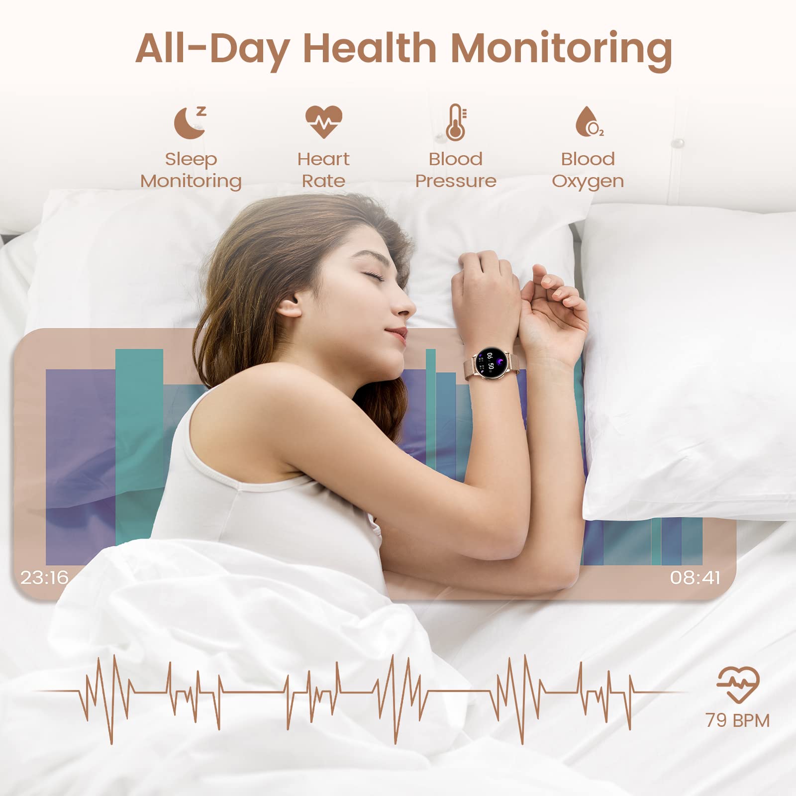 RUXINGX Smartwatch Donna Chiamate e Risposta Bluetooth, 1.32'' HD Fisiologia Femminile SpO2 Cardiofrequenzimetro Sonno Contapassi, 19 Modalità Sport Notifiche Messaggi Android iOS Oro Rosa