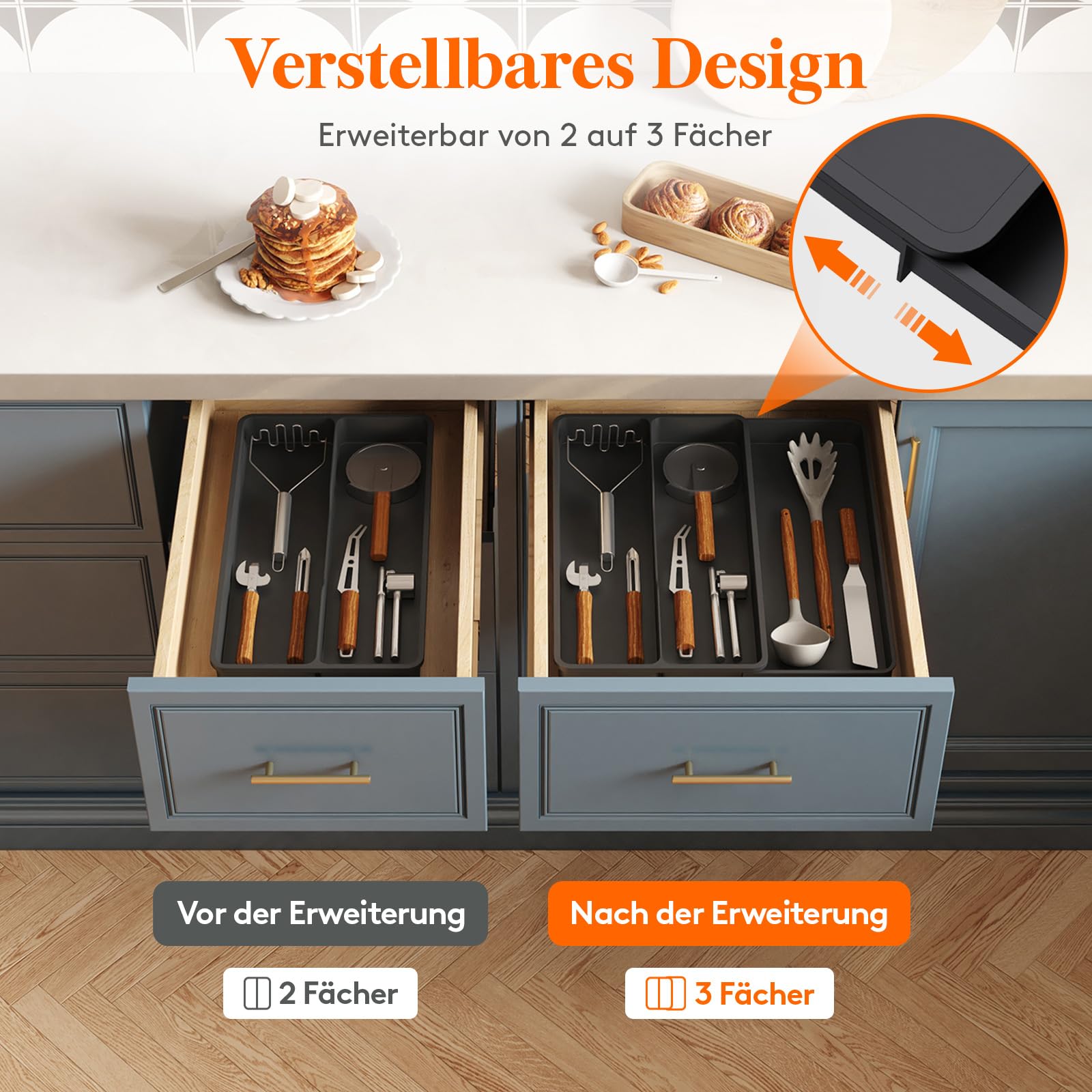 Lifewit Besteckkasten für Schubladen, Küchenutensilienhalter erweiterbar auf 36,5 cm, Schmale Schubladen Organizer Küche Tiefe 40 cm, Kunststoff Utensilienständer für Spatel/Messer/Löffel, Schwarz