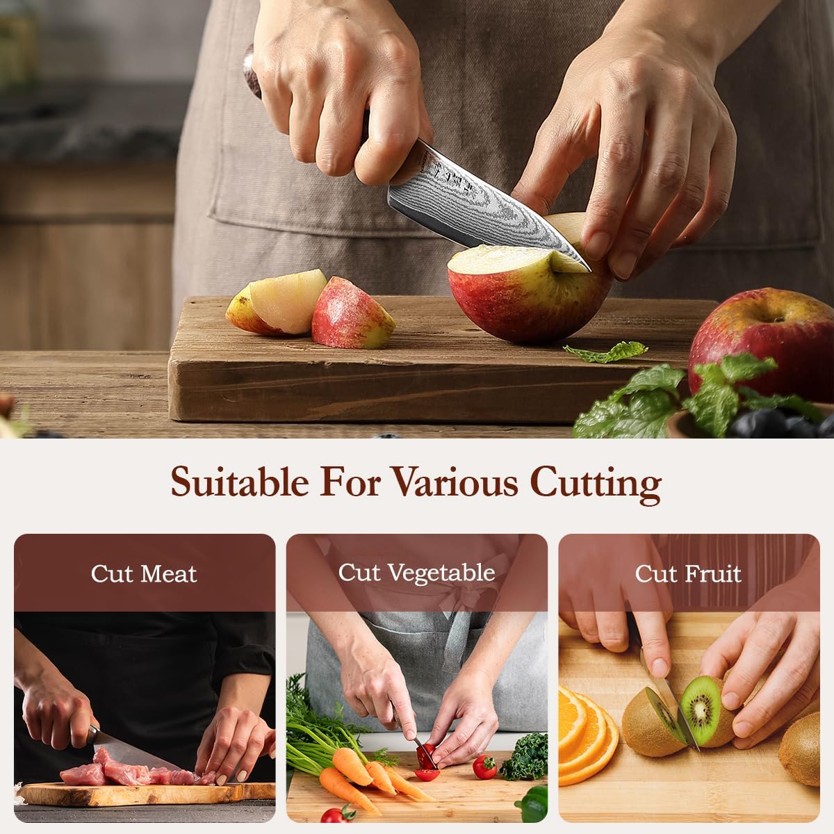 HEZHEN 5.3 Inches All Purpose Kitchen Knife with Sheath, 67 Layers Damascus Steel Kitchen Utility Knife for Cooking Preparation, Petty Knife, Micarta Handle,Gift Ready