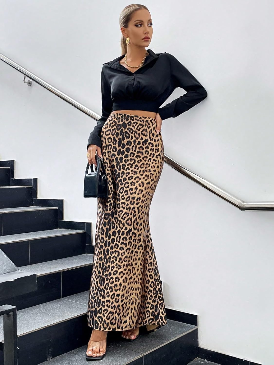 SweatyRocks Women's Leopard Print High Waist Maxi Skirt Elegant Skinny Long Skirts - Image 4