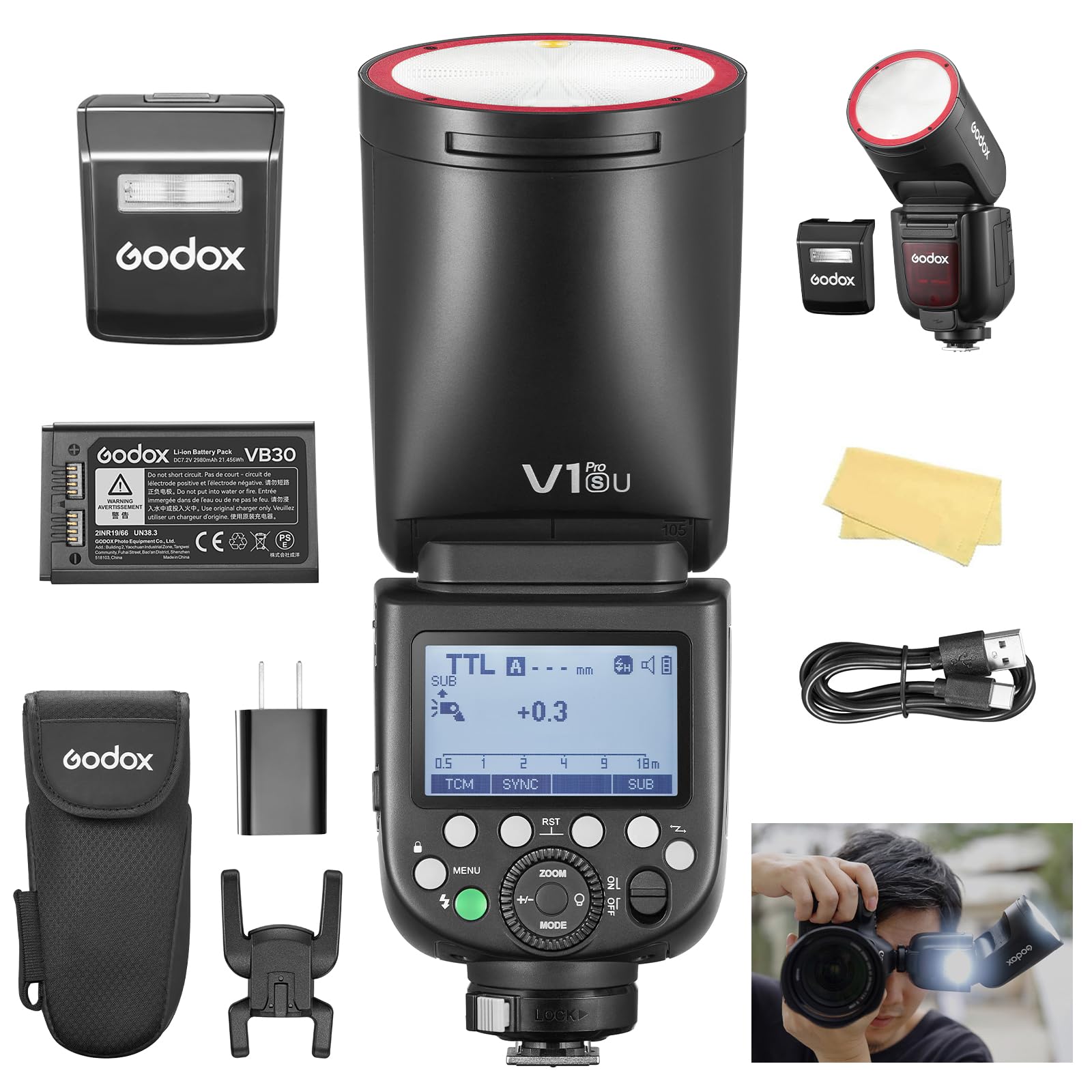 Godox V1pro S V1Pro-S USA Version TTL Round Head Camera Flash 2980mAh 76W Battery with External SU-1 1/8000s HSS 1.3s Recycle Time 2.4G Wireless HSS 500 Full Power for Sony ZV-E10, Alpha 7711 etc