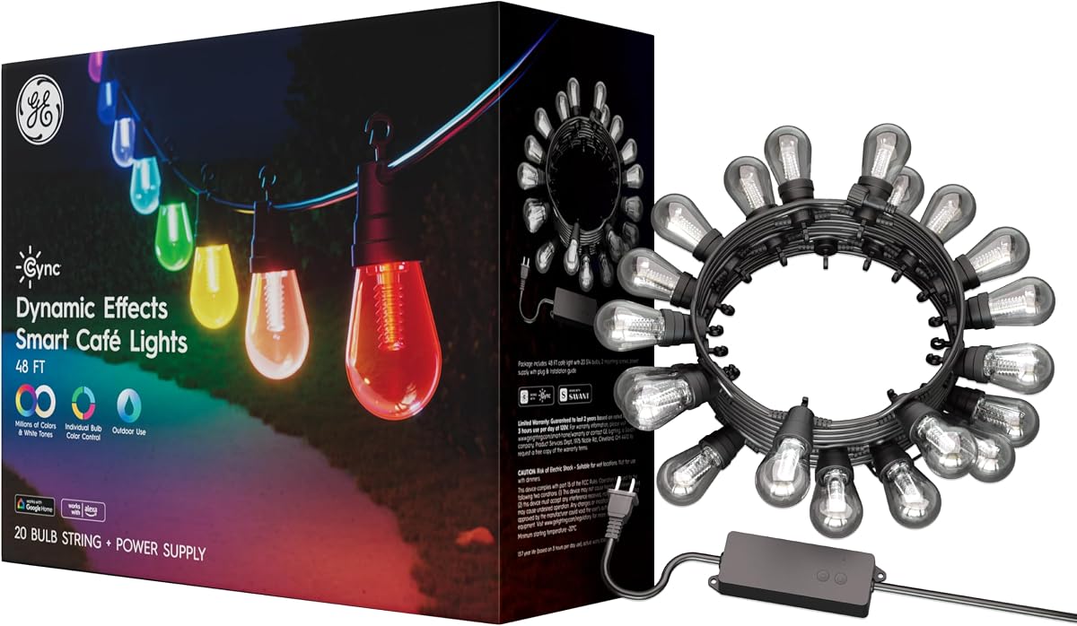 Cync GE Dynamic Effects Color Changing Smart Outdoor String Lights, 48ft | App control, Alexa & Google compatible, color changing patio cafe lights, weather resistant, 48ft, dynamic lighting effects