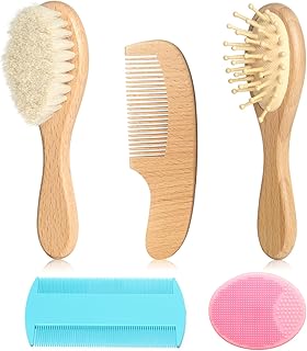 Goat Baby Hair Brush Set, Wooden Comb Massage Scalp Comb, Safe Natural Hair Care Kit, Soft Silicone Bath Brush for Newborn...