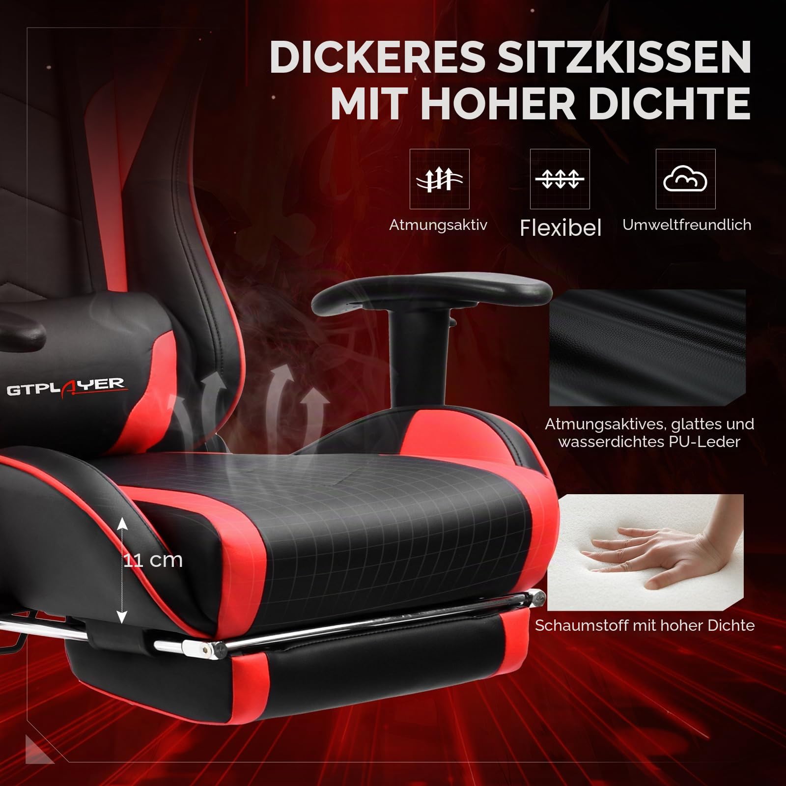 GTPLAYER Gaming Stuhl mit Fußstützen Lautsprecher Bluetooth, Gamer Stuhl Ergonomischer Computerstuhl Bürostuhl Schreibtischstuhl PC Stuhl mit 3D-Armlehnen, 200KG, Rot