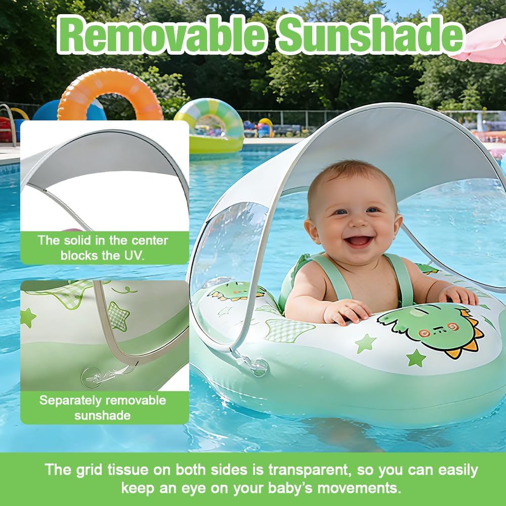 Baby Swimming Ring, Baby Swimming Aid, Inflatable Swimming Hoop Baby with UPF50+ UV Protection, Adjustable Safety Seat, with Sun Canopy, Shoulder Straps and Air Pump for from 3-36 Months (L)