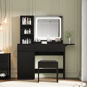 GAOMON Vanity Desk with Mirror and Lights, Makeup Vanity with 2 Drawers & 2 Shelves & One Door, 3 Lighting Modes Adjustable Brightness, Bedroom Dressing Table, Black
