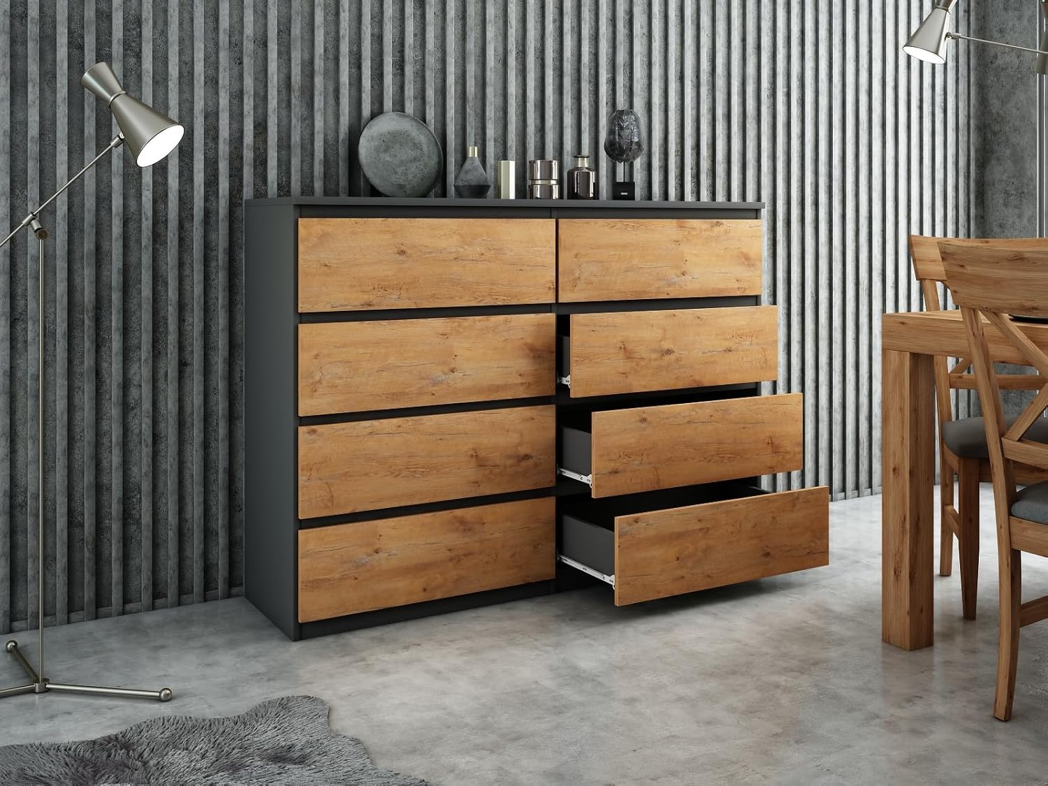meble masztalerz Commode avec 8 Tiroirs Anthracite & Lancelot 120 cm - Meuble de Rangement Salon - Commode Salon - Meuble Entree - 120x101,5x39 cm