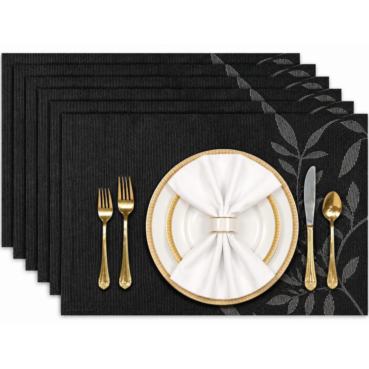 Non Slip Table Mats Set of 8 | Premium PVC Dining Table Placemats | Waterproof, Heat Resistant, Washable & Easy to Clean Place Mats | 45 x 30 cm | Black Flower-image-17