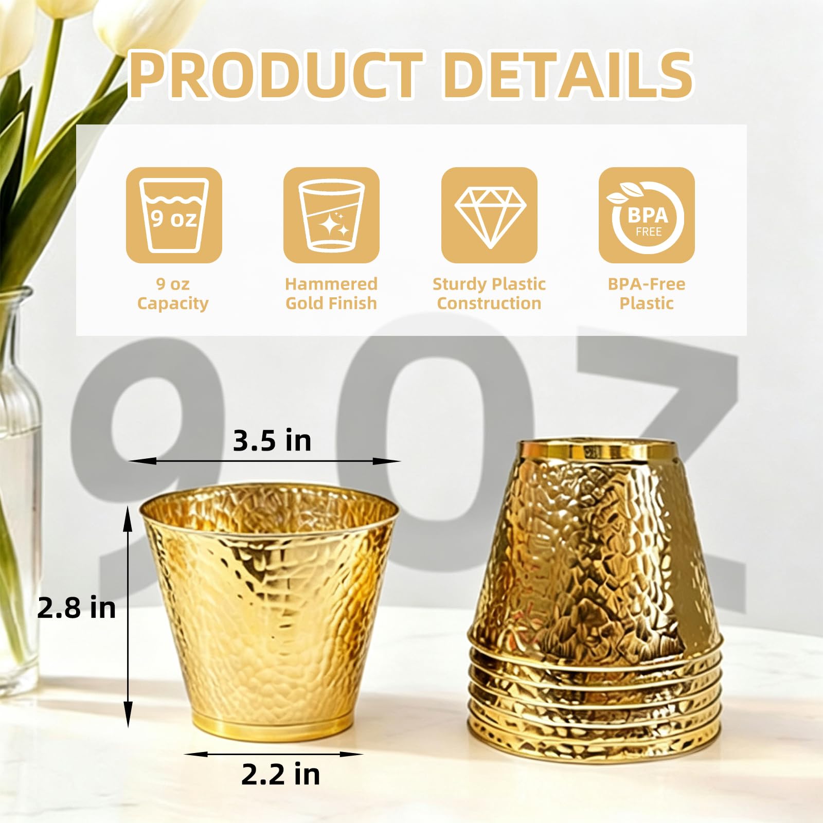 96-Pack Gold Hammered Plastic Party Cups 9oz, BPA-Free Leakproof Disposable Cups, Premium Elegant Drinkware for Weddings Birthdays Holidays Gatherings — Amazon image 3