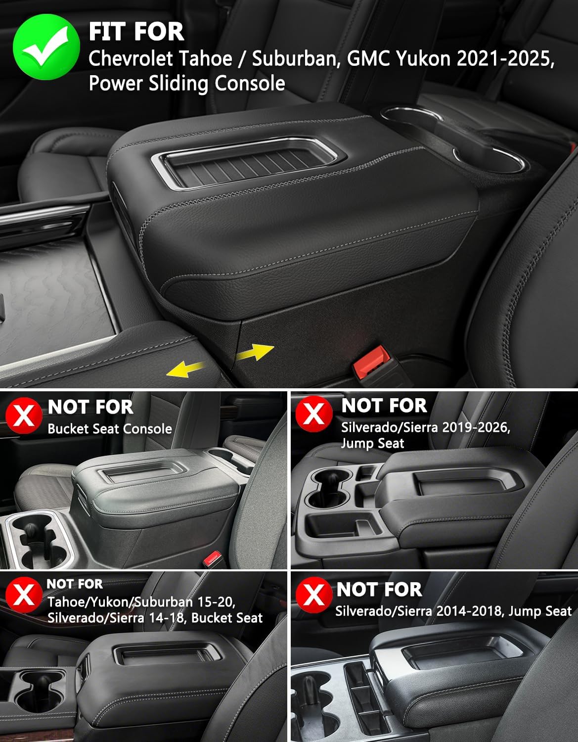 KBH Center Console Armrest Cover for Chevrolet Chevy Tahoe Suburban, GMC Yukon 2021-2025, PU Leather Trim, Durable Arm Rest Covering, Anti-Scratch (Fits Power Sliding Console Only)