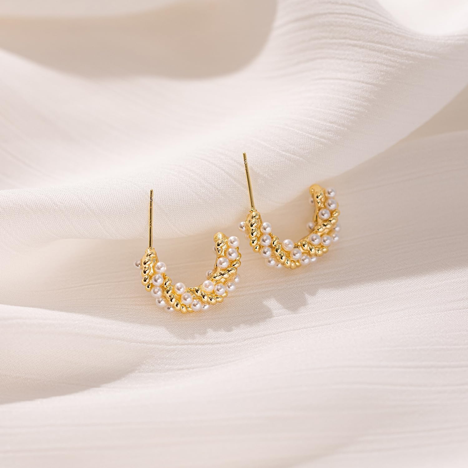 Pearl Earrings-14K Gold Plated Dainty Pearl Huggie Small Hoop Drop Dangle Earrings for Women Bridal Bridesmaids Elegant Wedding Jewelry - Image 5