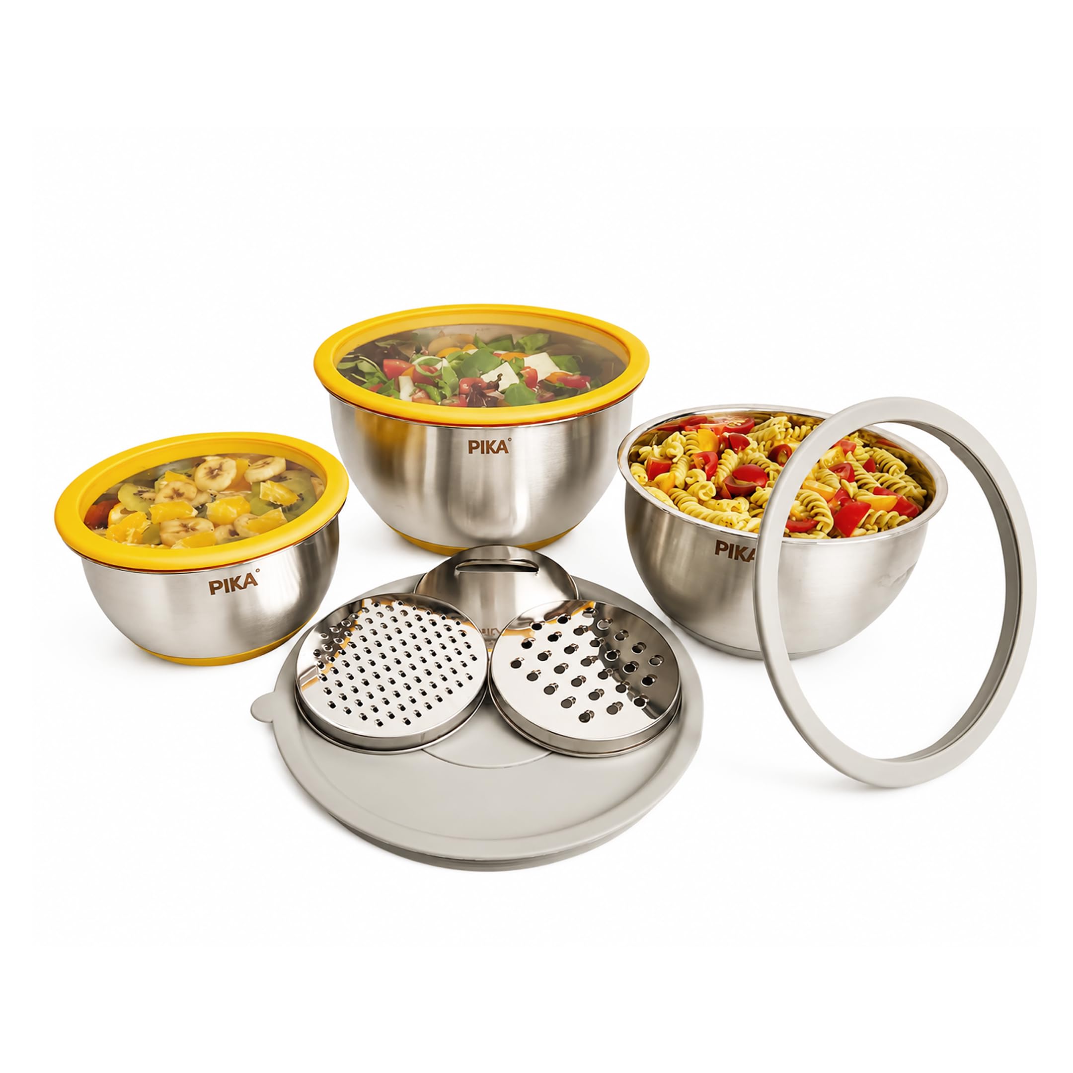 Pika | Lot de 3 Bols en Inox avec Couvercles en Verre + 3 râpes intégrées | Cul de poule inox 4 en 1, Empilables, Idéal Repas, Pique-Nique, Préparation
