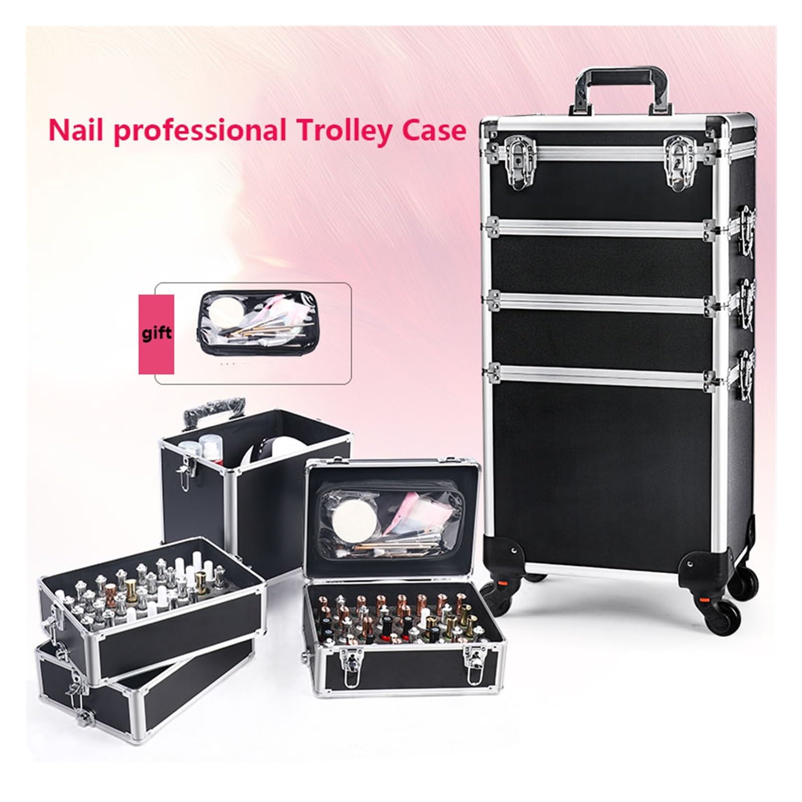 Walizka na kółkach kosmetycznych, wózek do makijażu walizka na przybory do makijażu profesjonalny estetyczny manicure artysta walizka na kółkach bagaż kosmetyczny kosmetyki wózek narzędziowy, Czarny