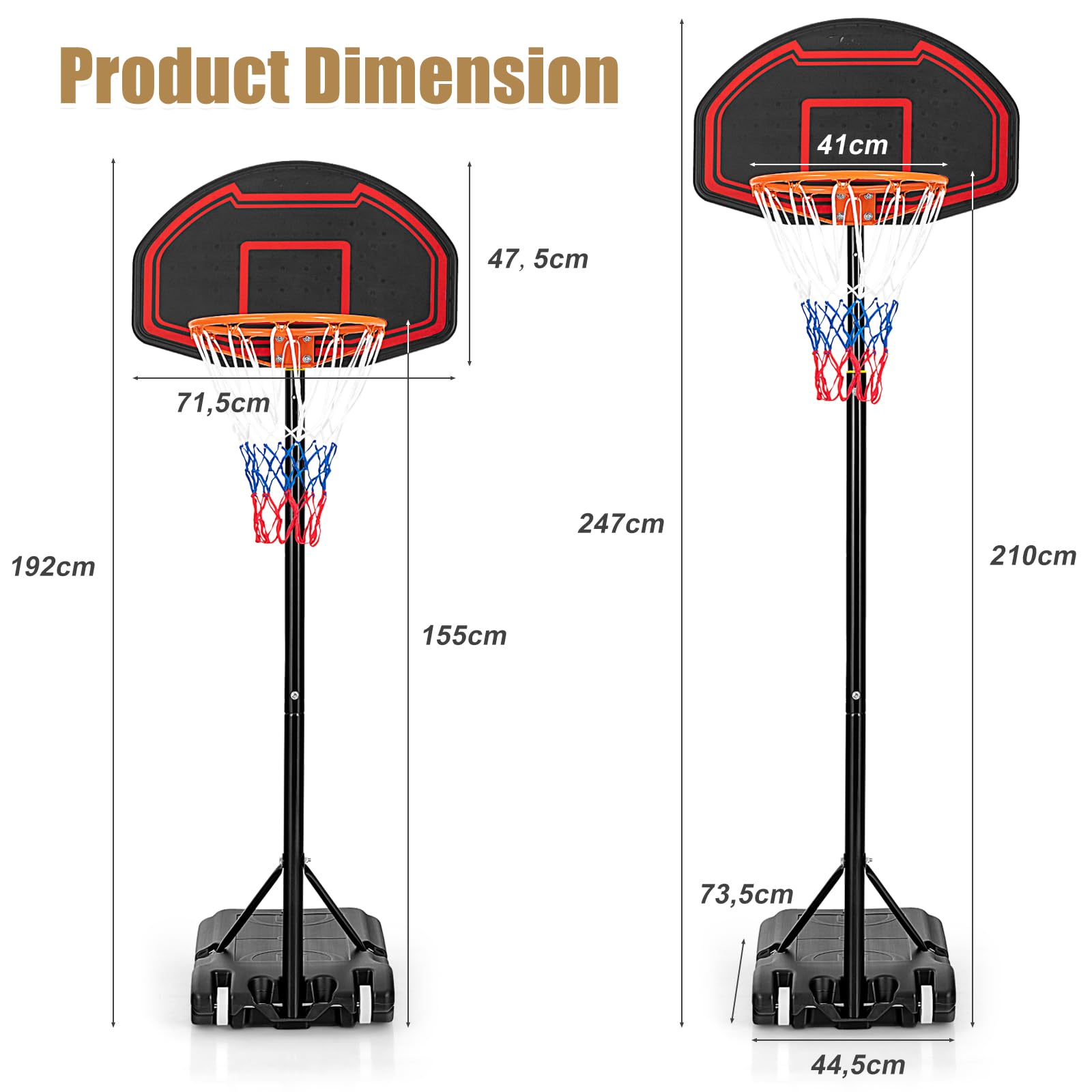 KOMFOTTEU Canasta de Baloncesto con 5 Alturas Ajustables 155-210 cm