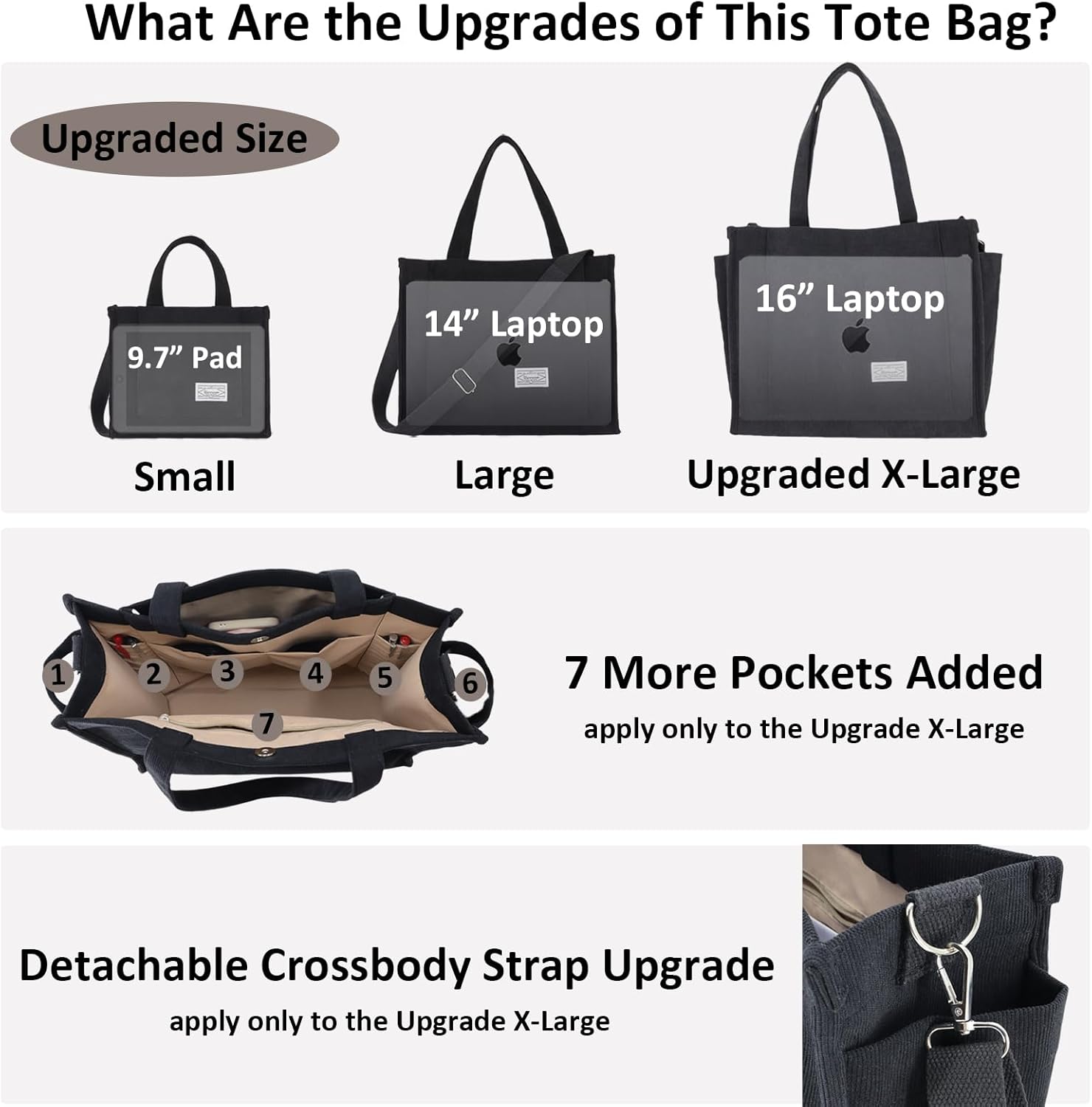 UERRUAM Tote Bag for Women with Compartments,Large Corduroy Tote for Work Travel College Book Bag Hard Bottom Crossbody Bag - Image 7