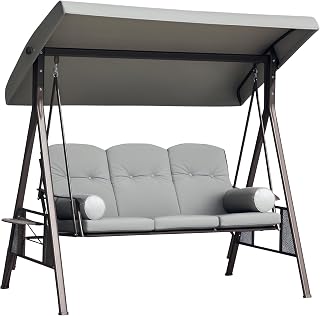 Outsunny 3 Seater Porch Swing Heavy Duty Outdoor Swing Chair Outdoor Lounge Hammock Cushioned Seat w/Tilt Canopy, Light Grey