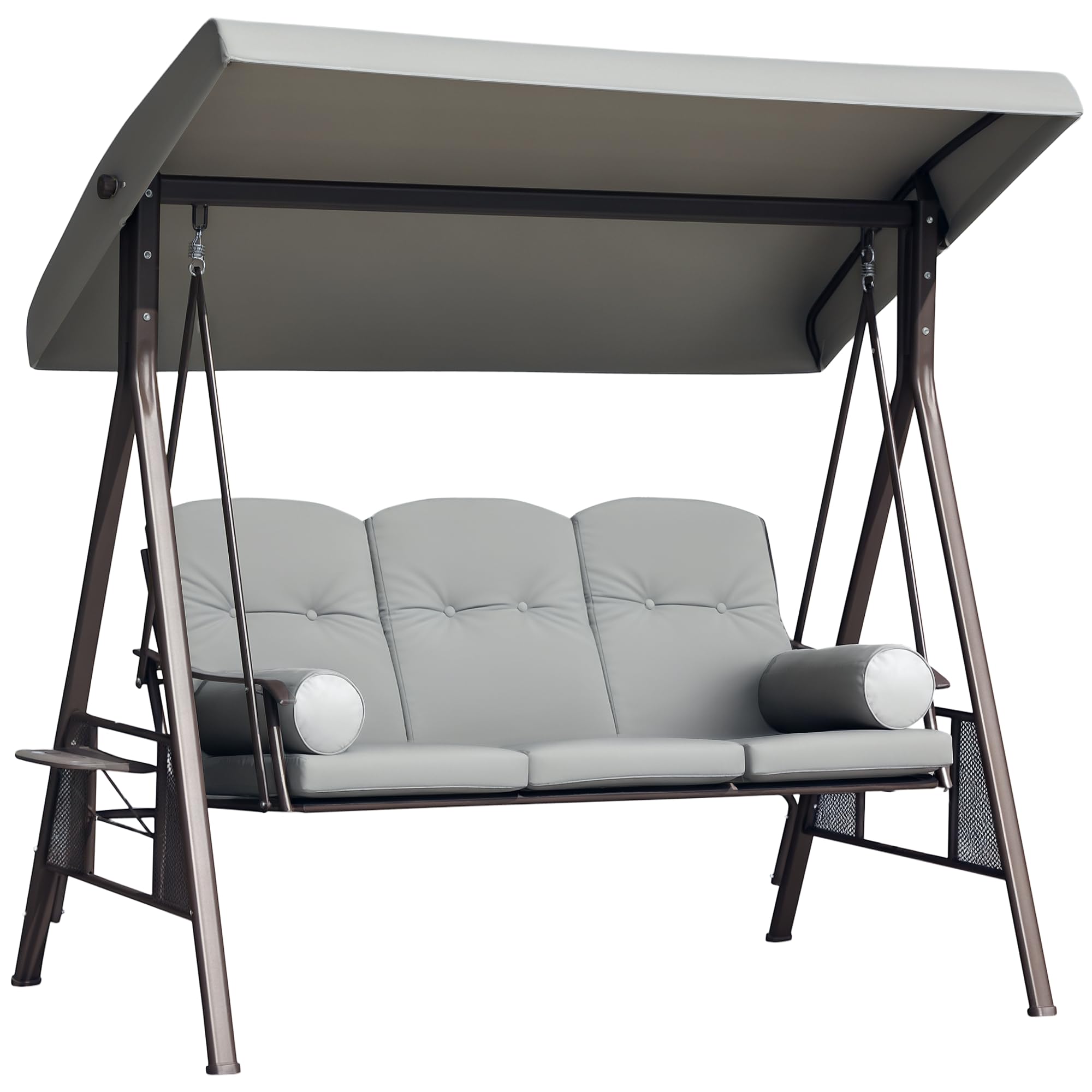 Outsunny Balancín de Jardín Exterior de 3 Plazas 206x116x183 cm Gris | Columpio de Jardín Exterior, Toldo Ajustable, Bandejas Laterales, 2 Almohadas, Marco de Metal, Carga 360 kg