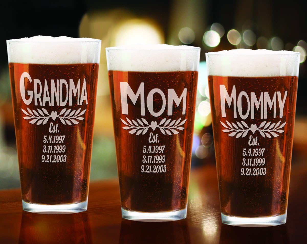 Mom with Kids Birth Dates Personalized Tea Pub Glass Engraved Mothers Day Birthday for New Mom, Soon to Be Mommy Christmas Idea for Mama, Mother, Mother in Law, Grandma Mugs