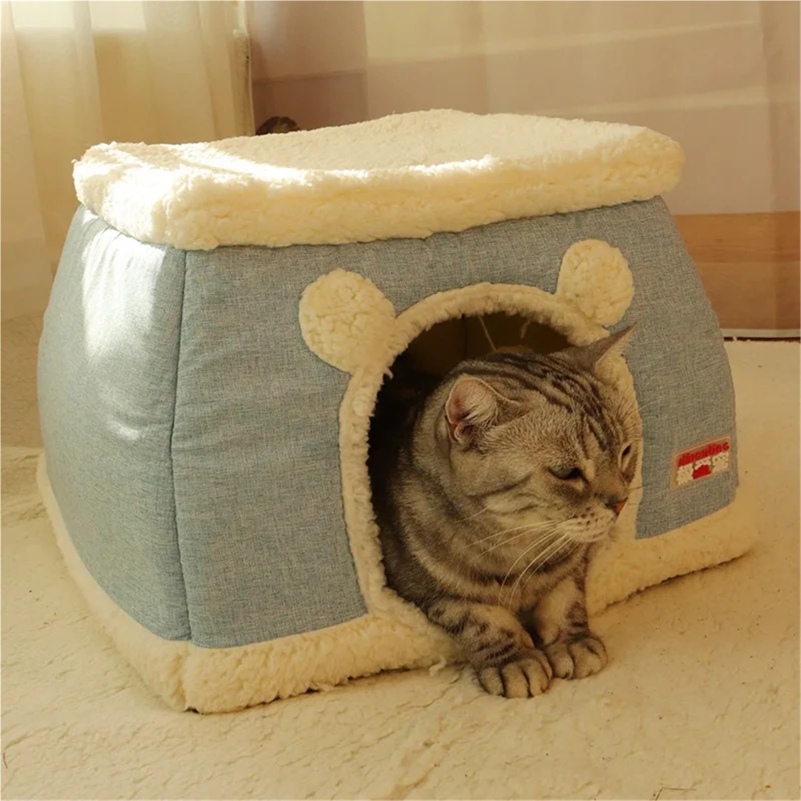 Nid chauffant électrique pour chat et chien bleu lit fermé 360°