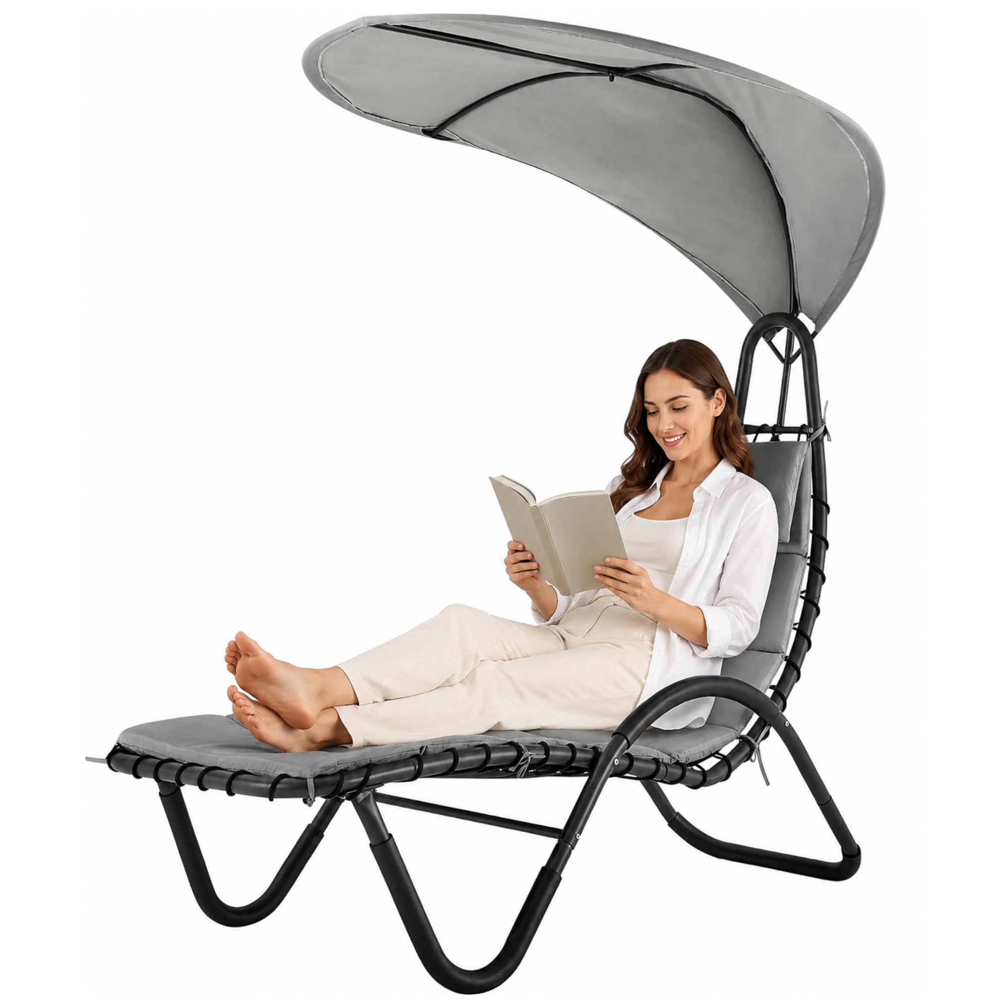 LIVIVO Bali Sun Lounger Relaxing Chair with Canopy Shade and Padded Cushions, Arm Rests, Made from powder coated steel frame perfect for Outdoor Garden, Balcony, Patio, Deck (Grey)