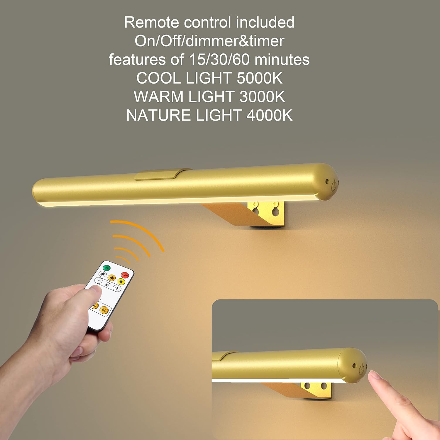 Wireless Picture Light Painting Light Gold,Battery Operated Picture Light with Remote Control Full Metal Magnetic Mount, Led Art Display Light Indoor Wall Lighting Dimmable and Timer Off