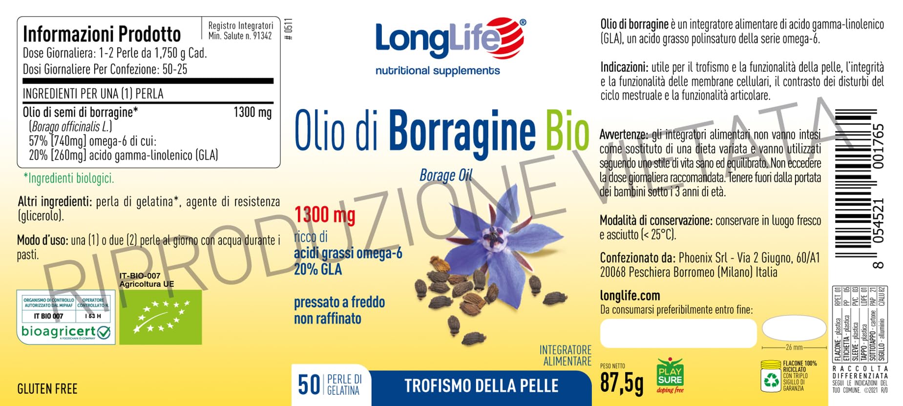 LongLife® Olio di Borragine Bio 1300mg | Integratore di borragine titolato al 20% in GLA | Omega 6 | Trofismo della pelle | Benessere della donna | 60 perle | Senza glutine e biologico