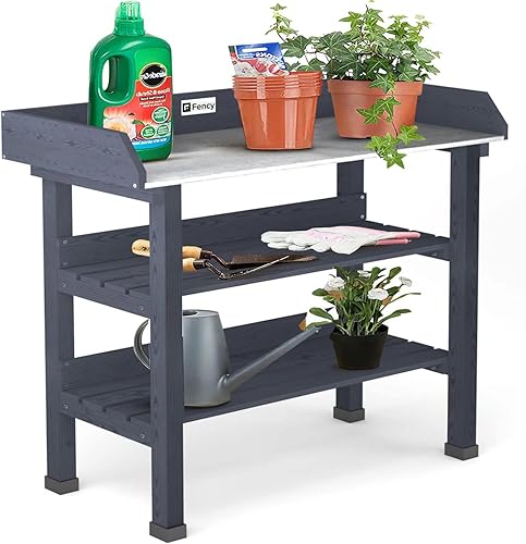Elevens Mesas de banco para macetas al aire libre, mesa para macetas, estación de trabajo de jardín, mesa de metal, banco de plantación de madera