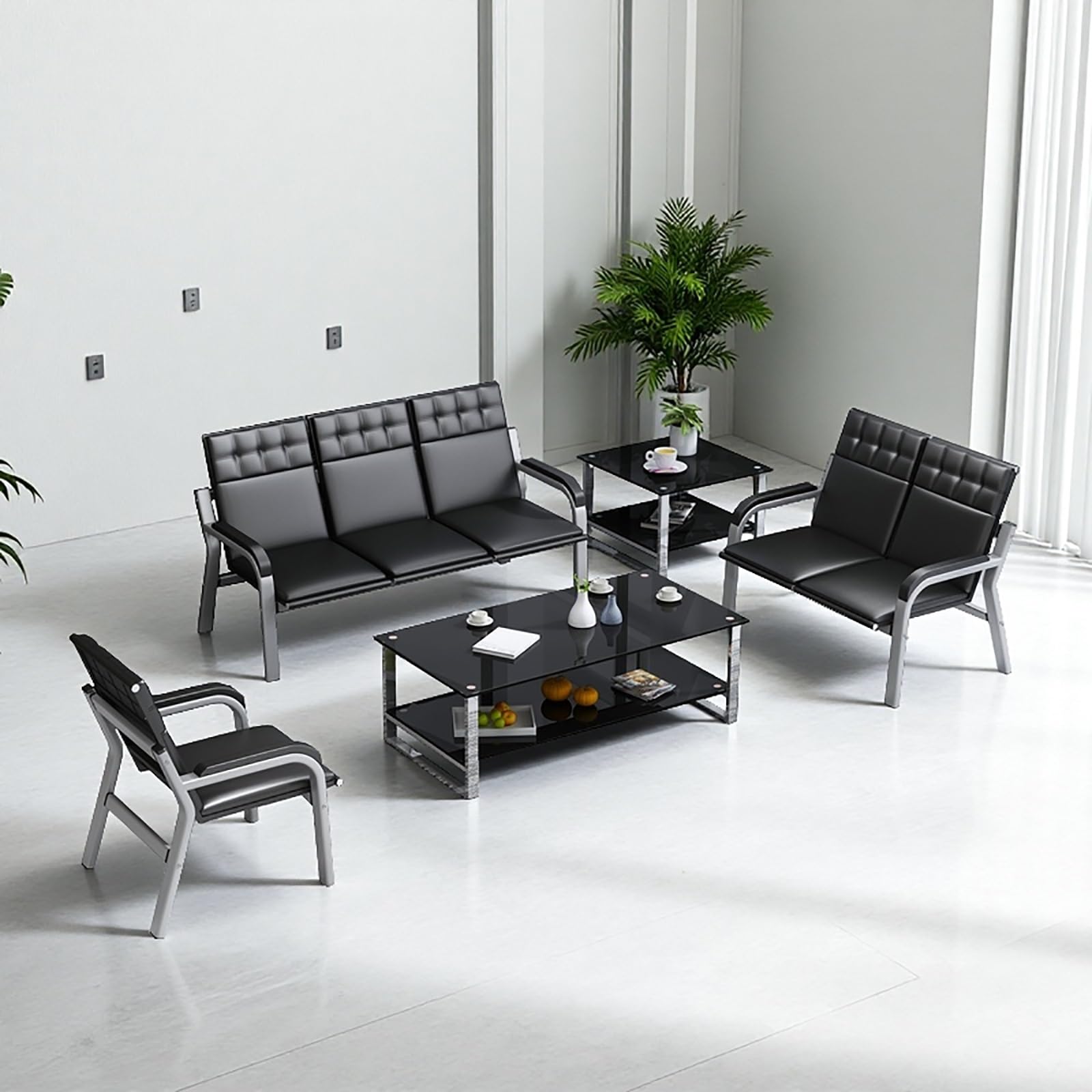 SnamicE Waiting Room Chairs,Black Leather 3-Seat Bench | Reception Chairs for Waiting Room, Airport, Bank, Salon & Barbershop Seating,Black