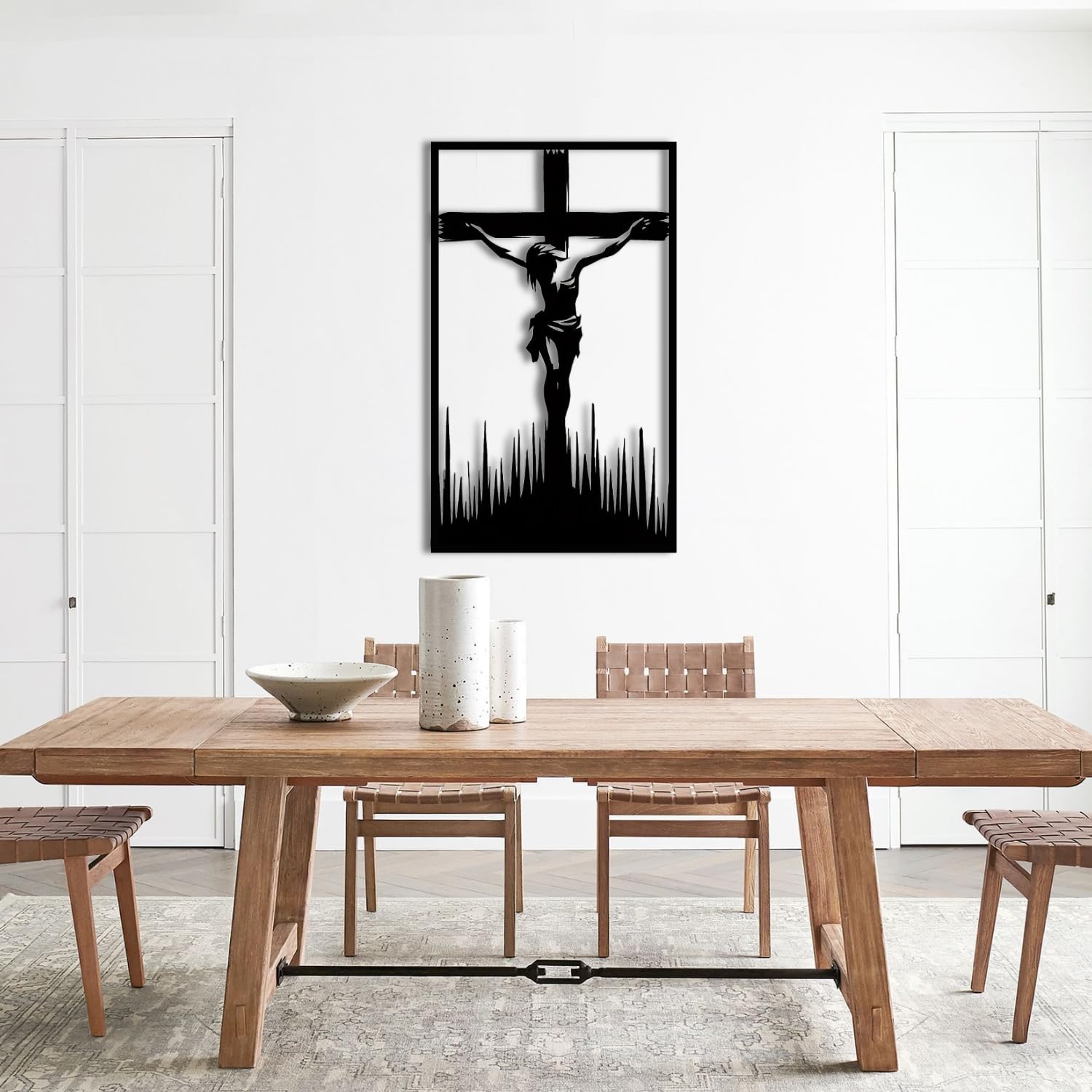 Nowoczesna minimalistyczna sztuka metalowa dekoracja ścienna krzyż Jezus krzyże religijne kościół dom fice chrzest czarny (71 cm x 104.1 cm / 71 104 cm)
