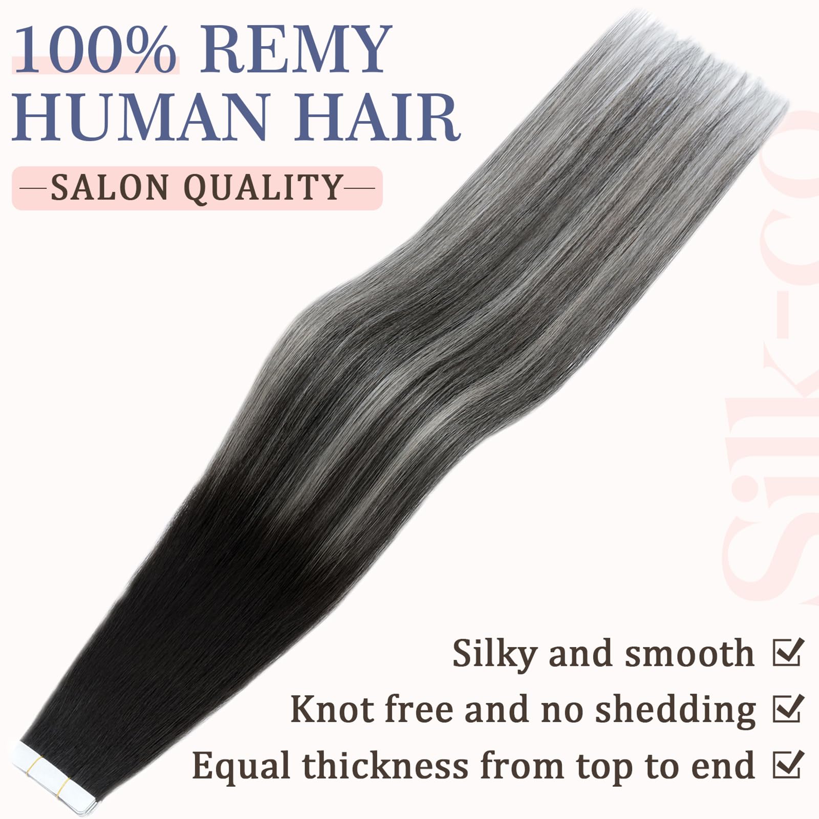 Silk-co Real Remy Tape in Straight Human Hair Extensions Balayage Seamless Tape on Hair Extension Straight Human Hair 12 Inch (10PC-20g)#1BT1BPGREY Natural Black Ombre Natural Black & Grey - Image 2