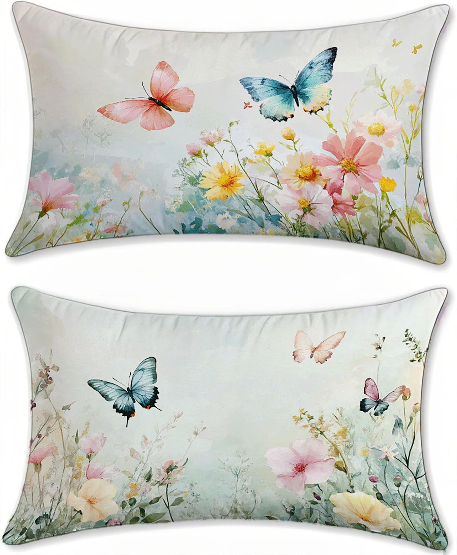 Housse coussin exterieur impermeable motif papillon de style lin pour sublimer le canape de terrasse