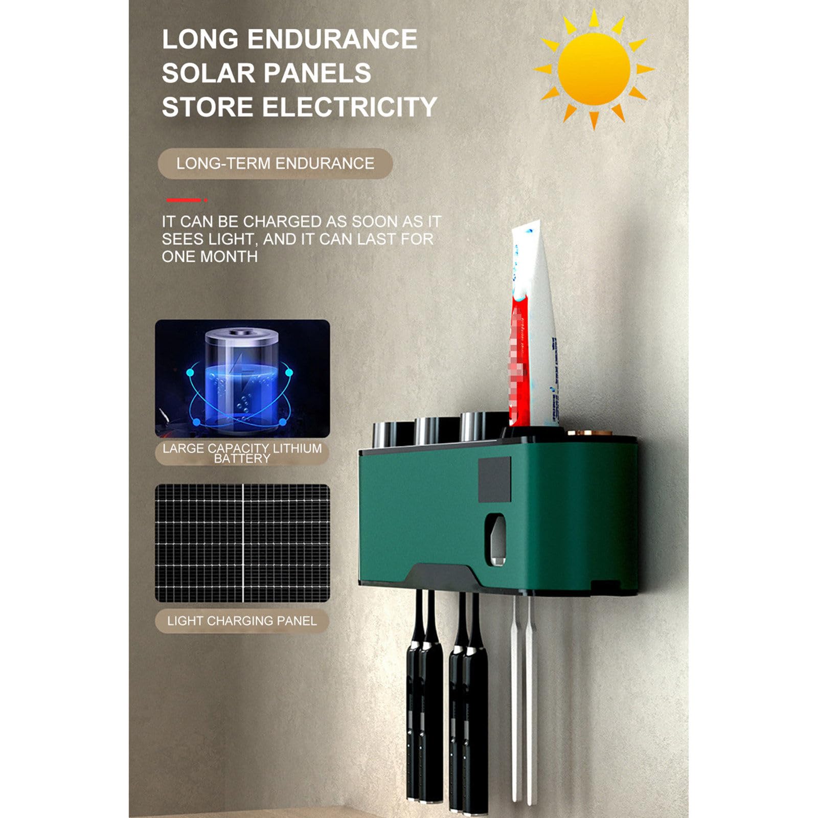 Soporte esterilizador de Cepillo de Dientes UV, Caja de Almacenamiento para Cepillo de Dientes Solar, exprimidor de Pasta de Dientes Inteligente, Accesorios para el hogar,Green