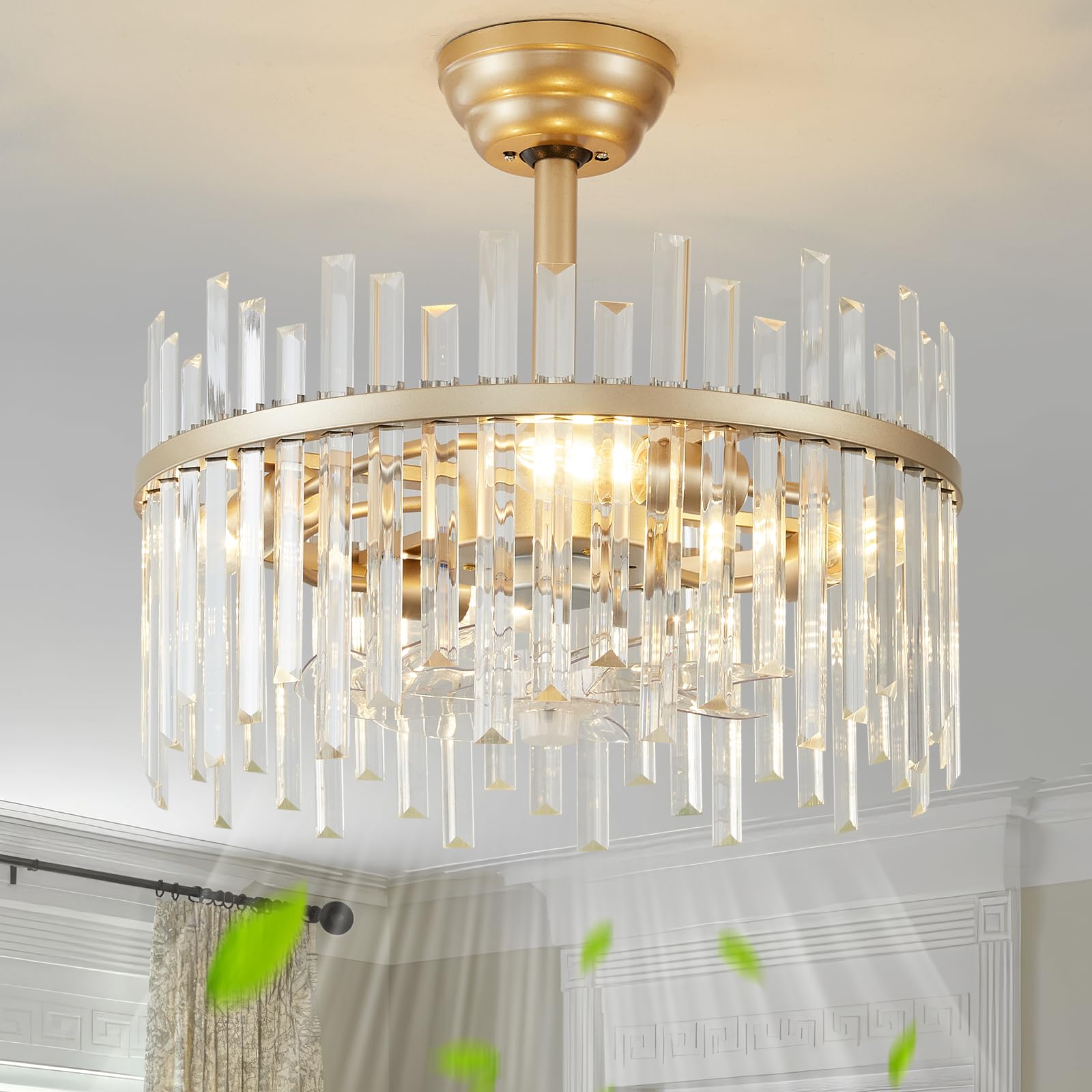 20" Gold Crystal Fandelier Ceiling Fan with Light, Gold Crystal Chandelier Ceiling Fan with Light Remote Control, 6 Speeds for Bedroom, Nursery, Living Room