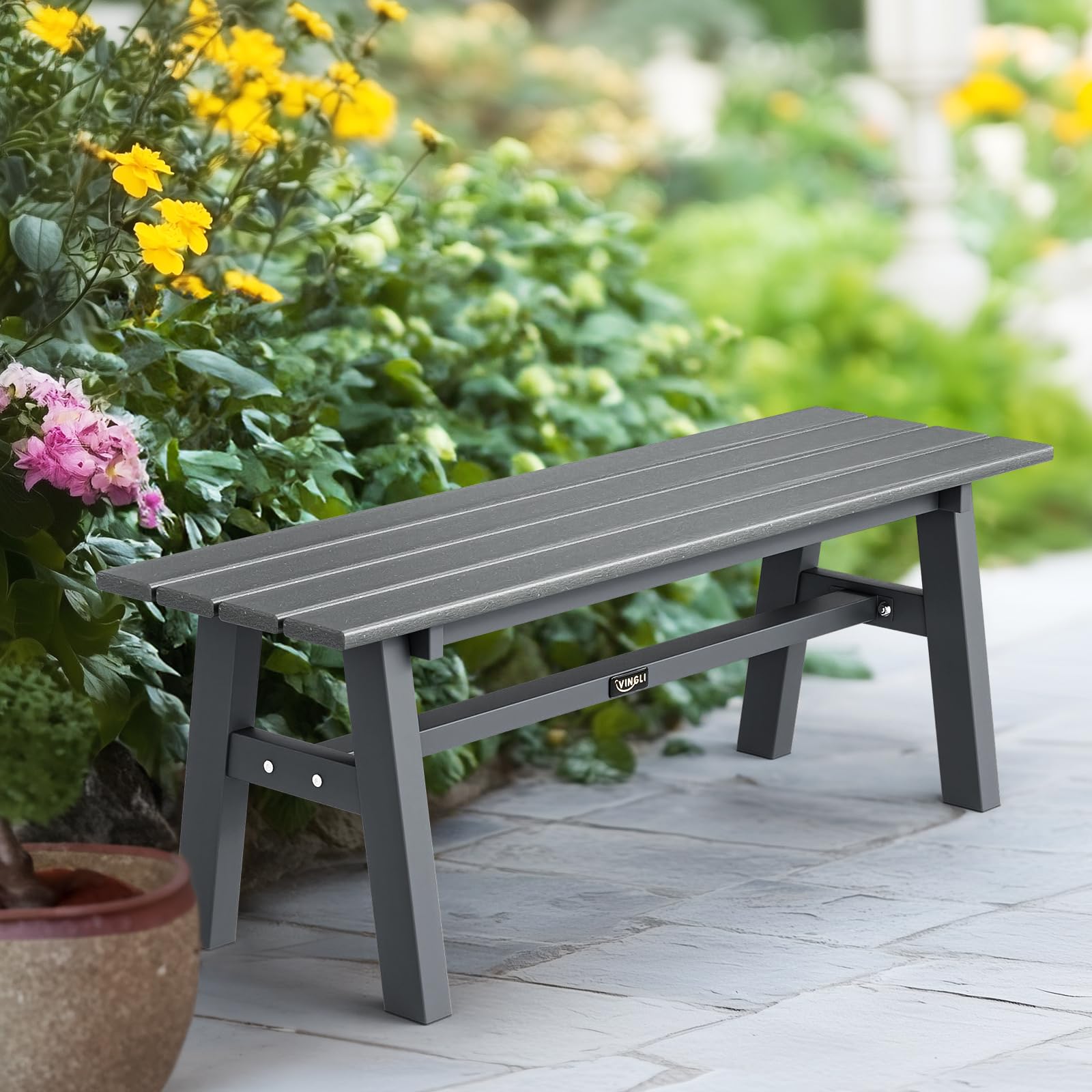 Bonnlo Panchina da Esterno in HDPE 118 x 36 x 42cm Panca da Giardino Portata 300kg Grigio