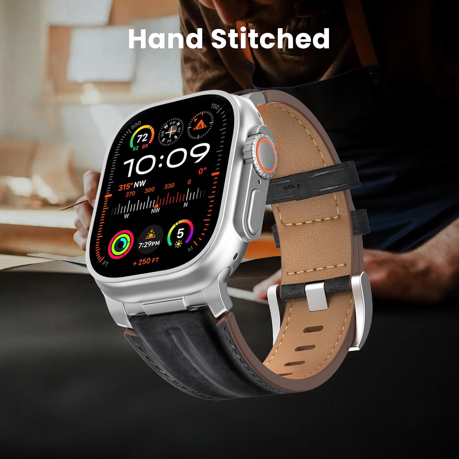 Top Grain Genuine Leather Compatible with Apple Watch Ultra 3 Band 49mm 46mm 45mm 44mm 42mm, Rugged Metal Connector Band Strap for Women Men iWatch Ultra 2/1 Series 11 10 9 8 7 6 5 4 3 SE - Image 4