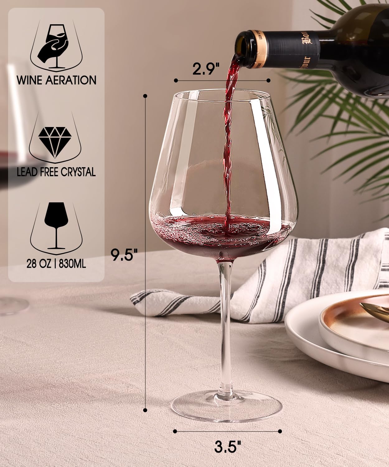 OJA Juego de copas de vino tinto de 4 a 28 onzas, copas de vino grandes sopladas a mano, más transparentes