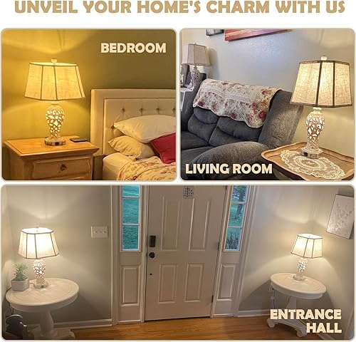 Miniatura 6 de Juego de 2 lámparas de mesa rústicas para sala de estar y dormitorio, lámpara de mesita de noche vintage de granja con 2 puertos USB, lámpara de