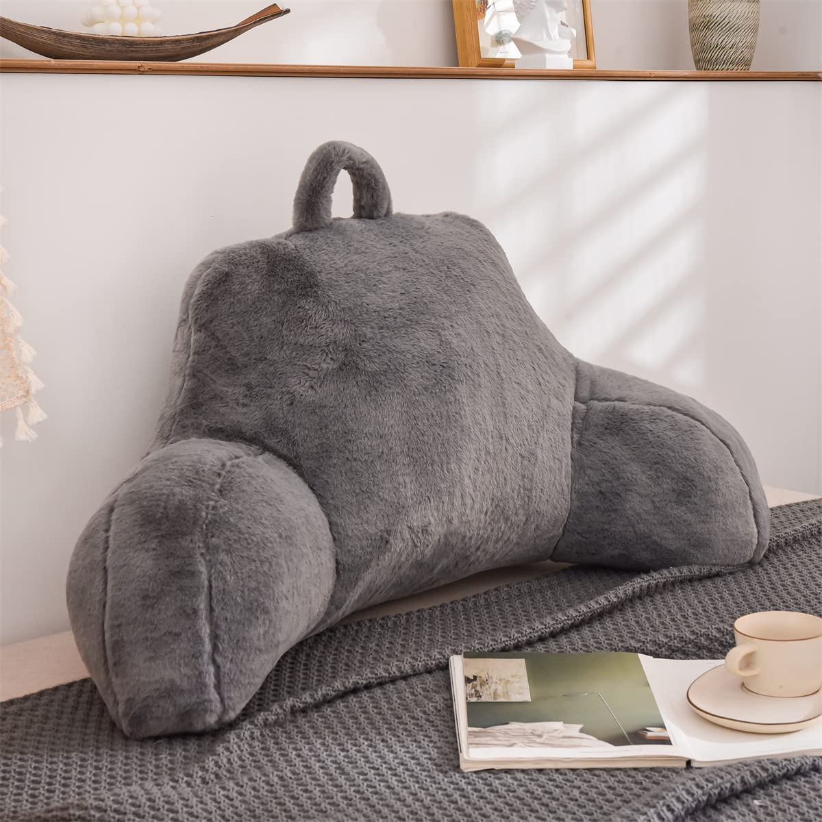 Holawakaka Standard Faux Fur Bed Rest Pillow with Arms, Artificial Rabbit Fur Reading Pillows Perfect for Adults, Teens, Kids, Pregnancy Lumbar & Head