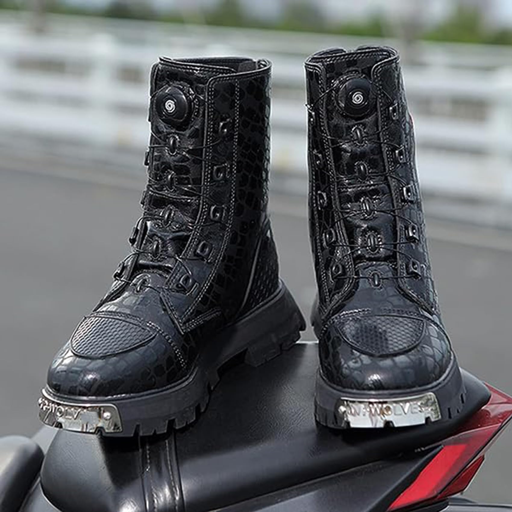 DJFOG Damen-Motorradstiefel, High-Top-Motorradschuhe mit Knöchelunterstützung, lässige, wasserdichte, rutschfeste Motorrad-Reitstiefel aus Leder