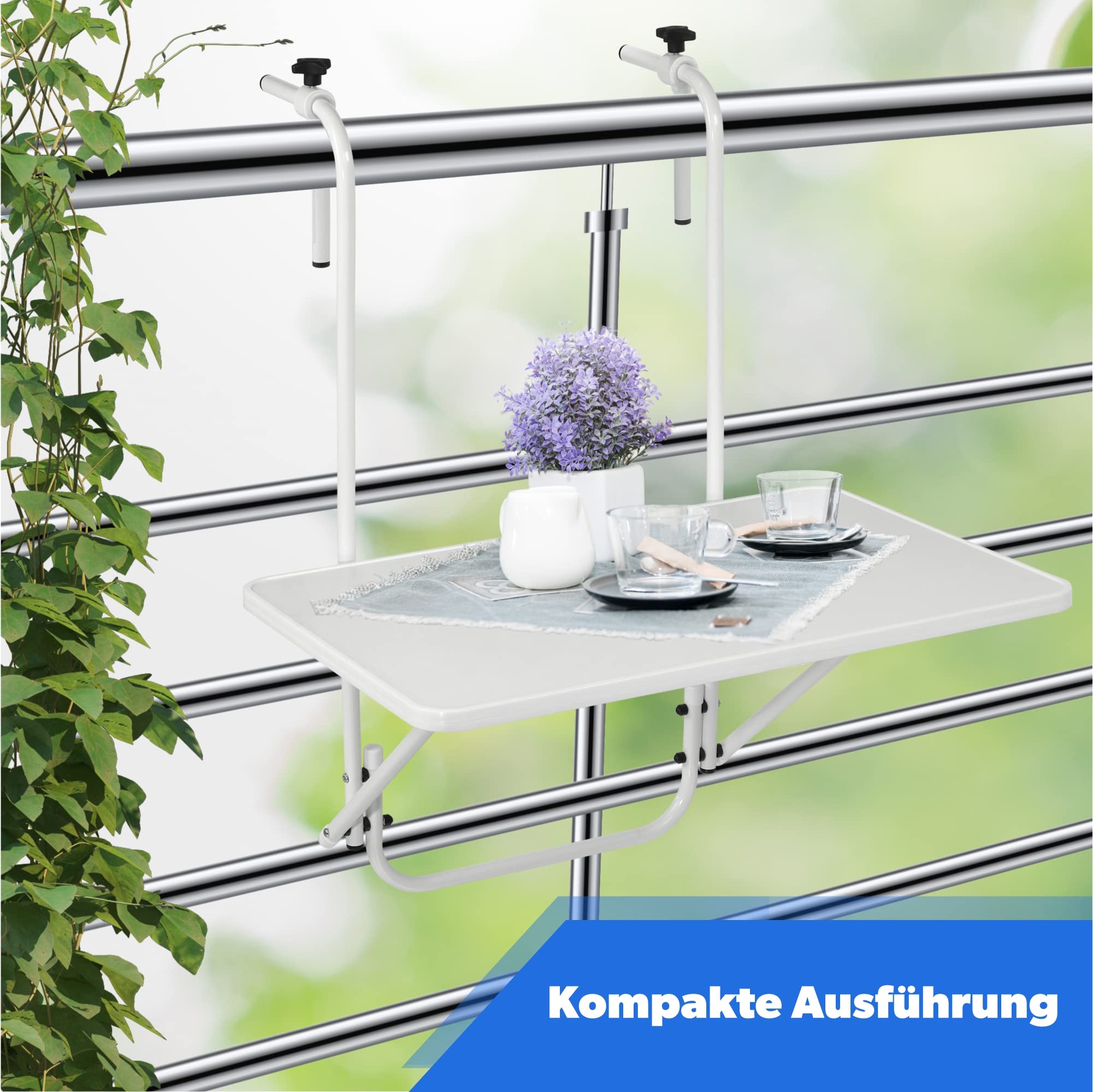 KADAX Hängetisch, Witterungsbeständiger Klapptisch für Balkon, Verstellbarer Balkonhängetisch, Balkontisch zum anhängen, klappbarer Tisch (40 x 60 cm, Weiß)