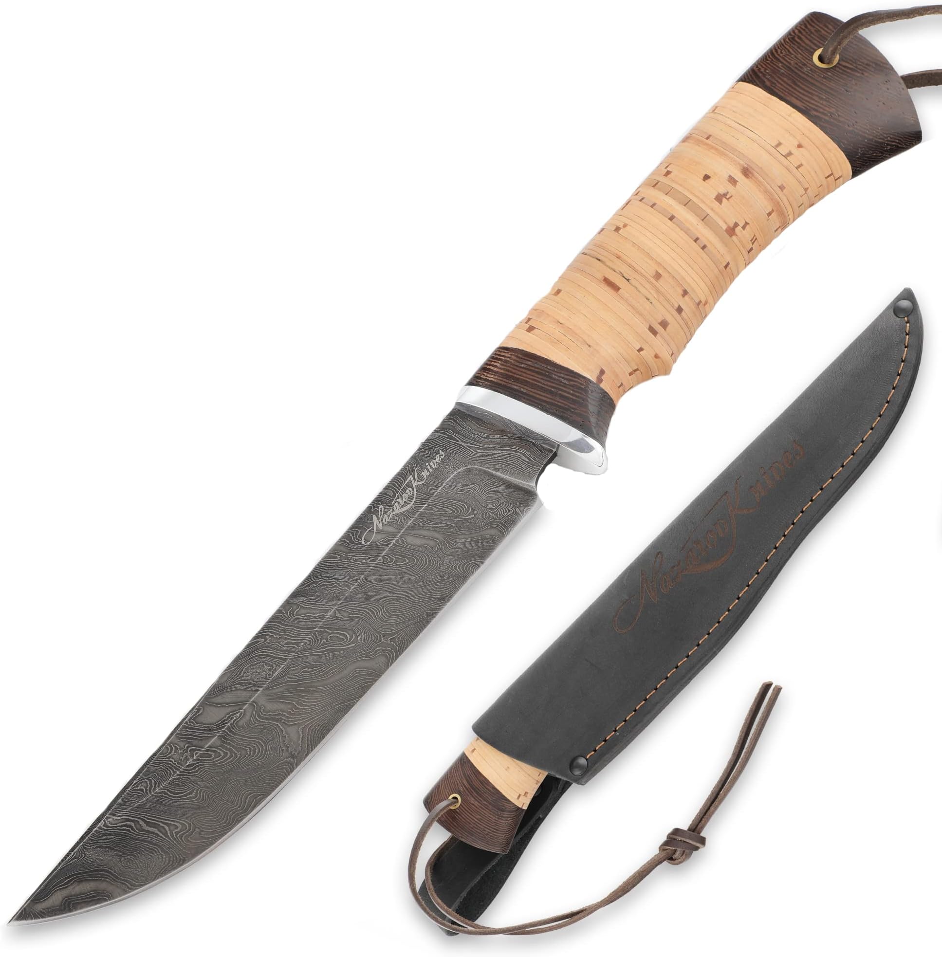 Damascus Steel Knife - Hunting Knife - Real Damascus - Birchbark - OVOD - Leather Sheath