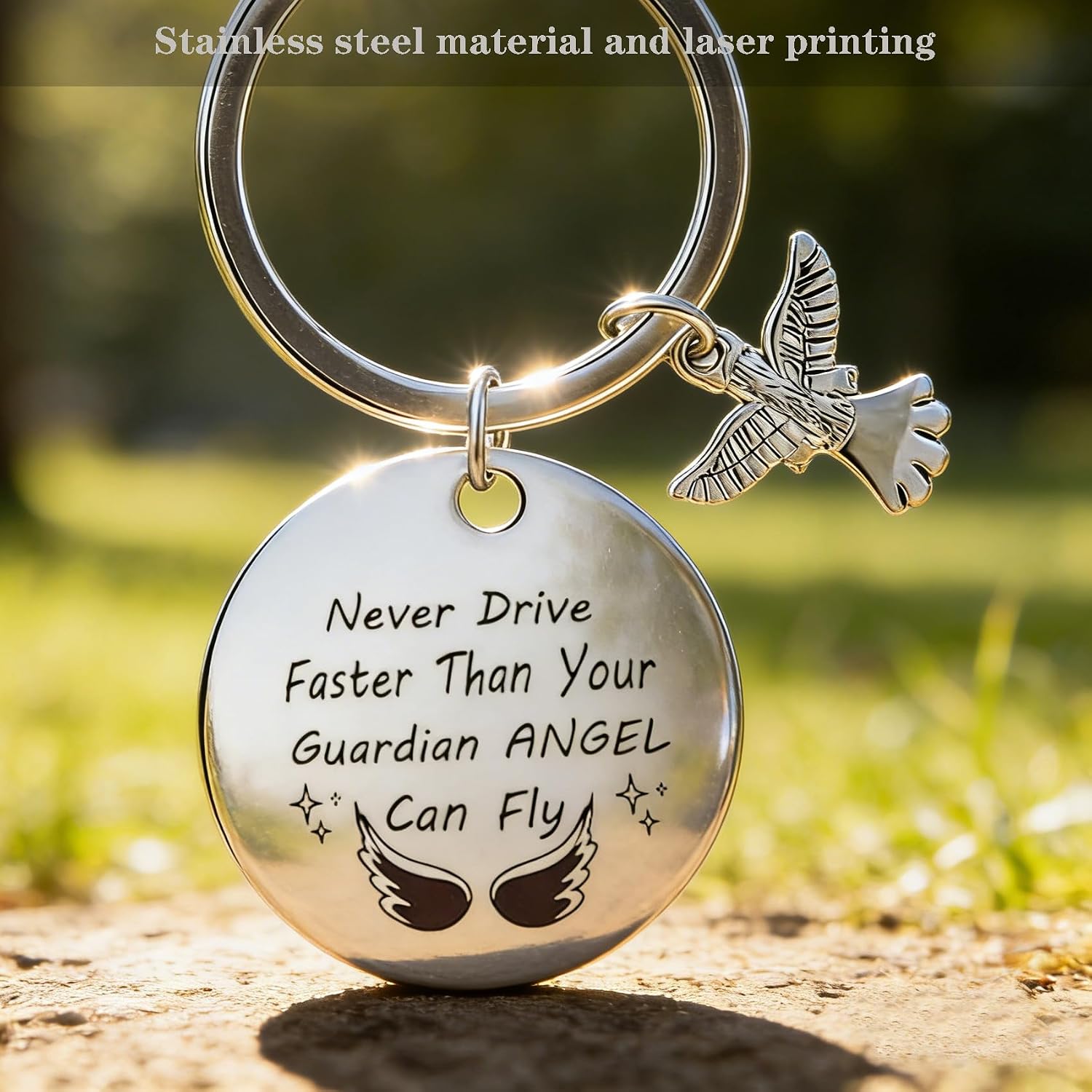 “Never Drive Faster Than Your Guardian Angel" key ring - Funny Driving Safety Gift, Inspirational Stainless Steel keychain for Parents, Friends, New Drivers - Motivational Present for Safe Travel image 3