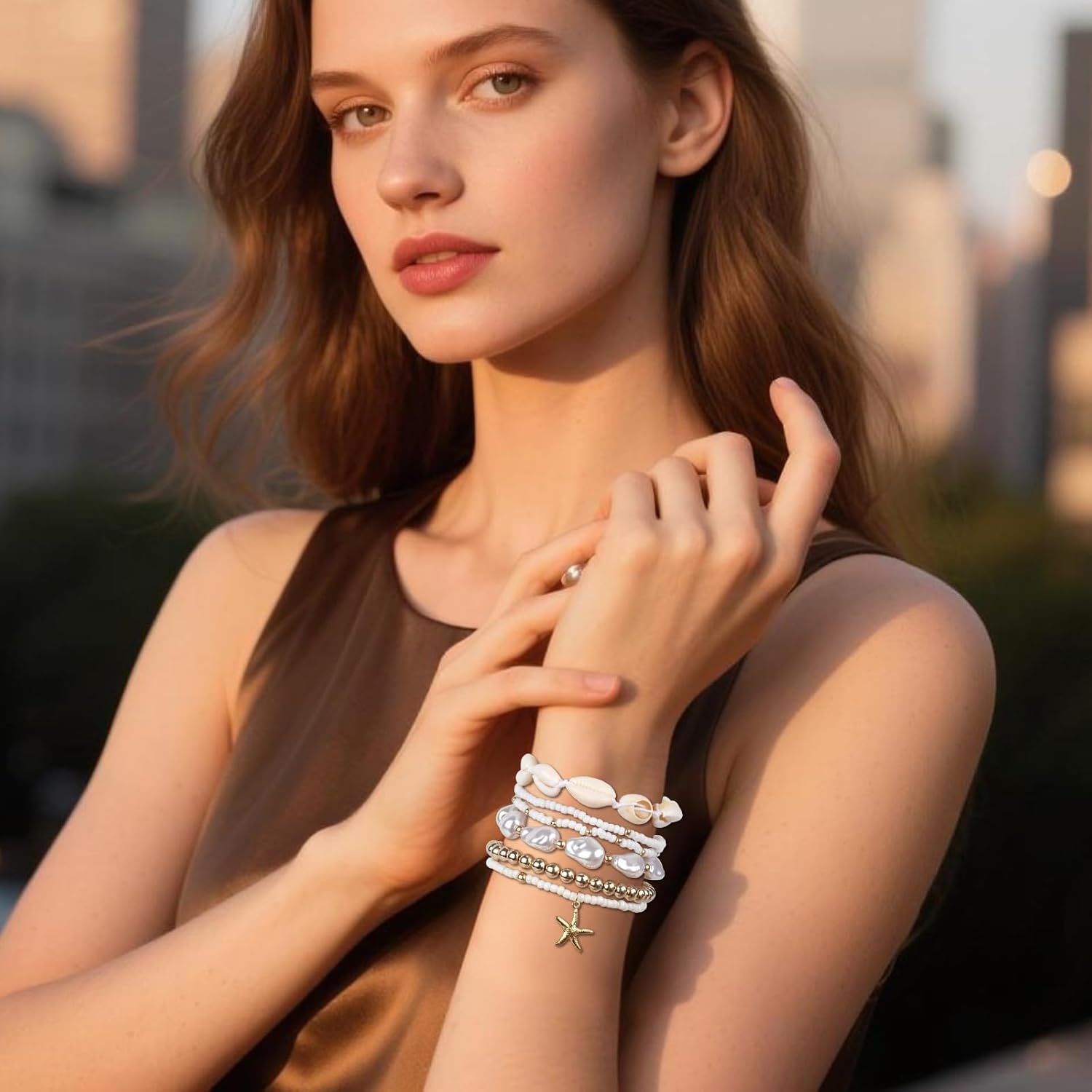 6pcs Summer Beach Bracelets, Stackable Seashell Starfish Boho Women Elastic Sea Shell Beaded Bracelet Heishi Surfer Jewelry Decoration Accessories and Gifts for Summer Beach Vacation Party - Image 6