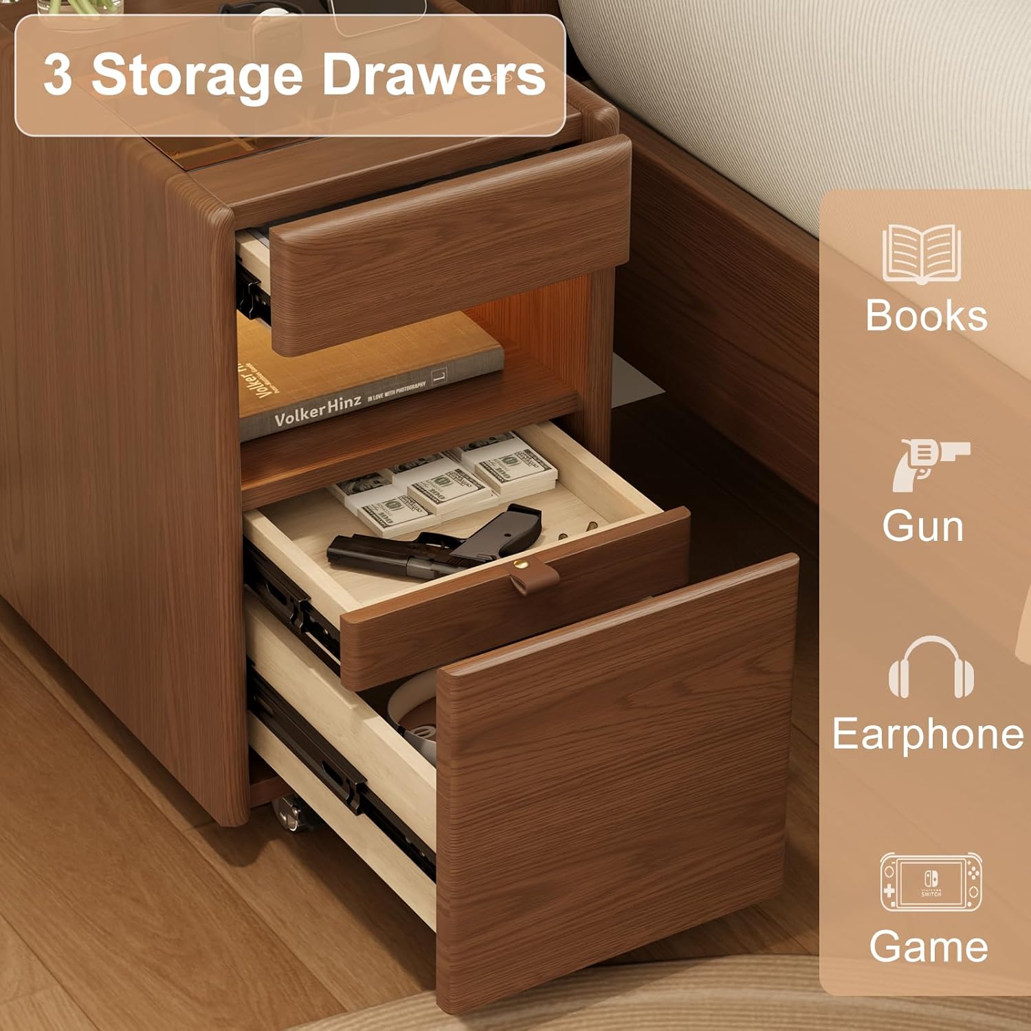 Nightstand with Charging Station, 3 Drawer Bedside Table with Jewelry Drawer, Lockable Rolling NightStand for Bedroom, Walnut Finish