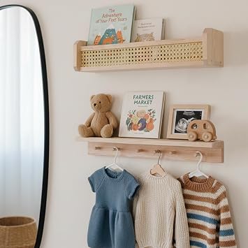 Pikas Ahşap Hazeran 2'li Duvar Rafı Seti | Askılı Mini Raf ve Montessori Kitaplık | Doğal Tasarım Dekoratif Duvar Rafı | Çocuk Odası, Bebek Odası ve Ev Dekorasyonu İçin