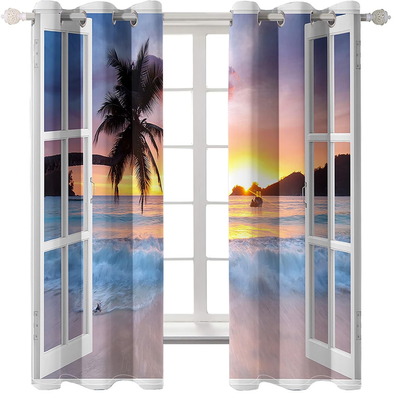 Rideaux Chambre Adulte, Vue de la fenêtre sur la mer au Coucher du Soleil Rideaux à Oeillets pour Salon/Chambre à Coucher, Multicolore, 132x244cm