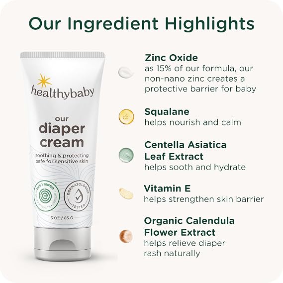 كريم الحفاضات HealthyBaby الخاص بنا | كريم الحفاضات المضاد للحساسية بأكسيد الزنك والسكوالين | خالي من العطور، تم التحقق منه من قبل EWG + غير معدّل وراثيًا، 3 أونصة